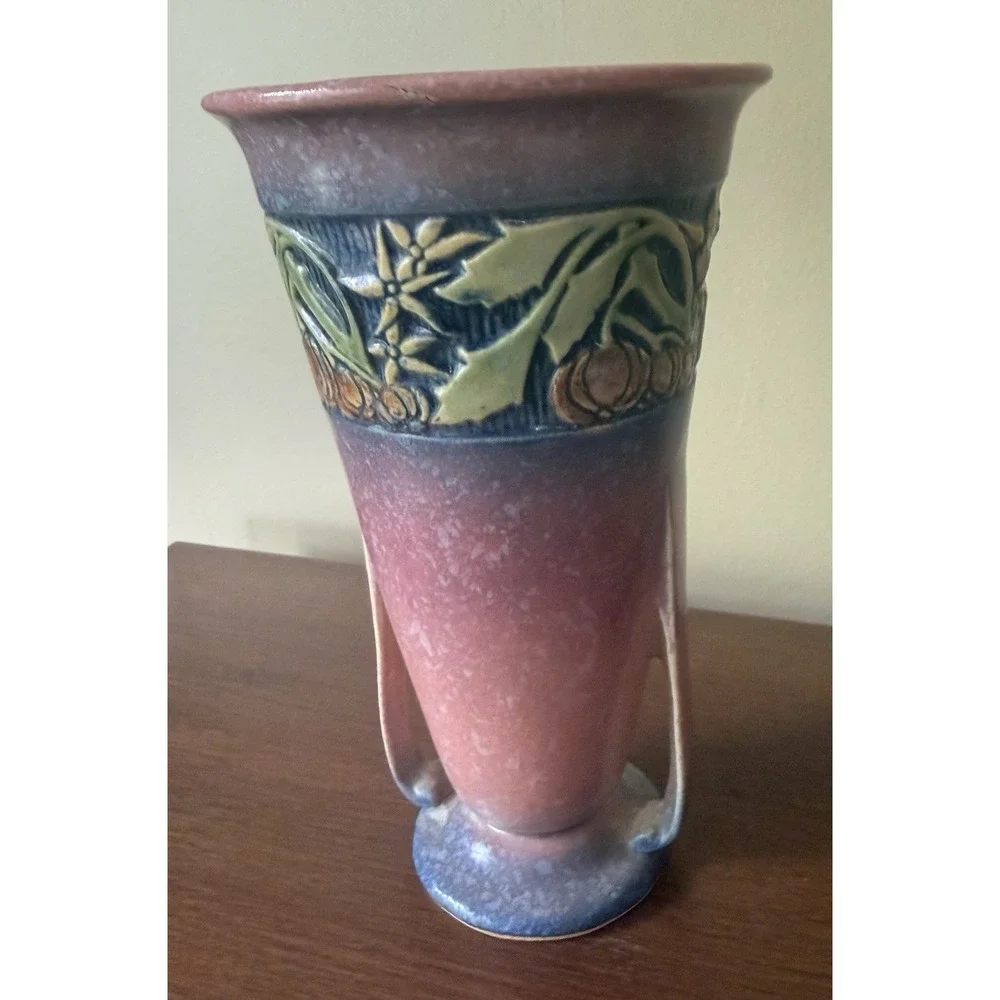 Roseville Baneda Pink 1932 Vintage Art Deco Pottery‎ Ceramic Handled Vase 604-7